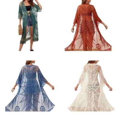 Women Sexy Sheer Kimono Cardigan Solid Floral Lace Open Front Beach Cover Up - Image 1 of 4