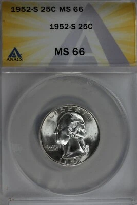 1952-S  .25   ANACS   MS 66  Washington Quarter, Silver 25 Cents (0.25) - Image 1 of 2