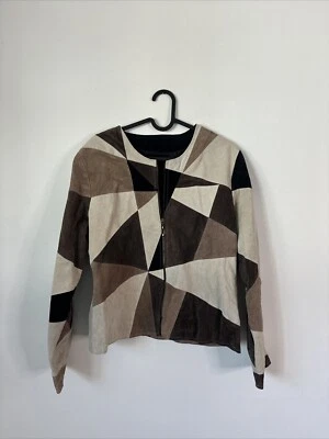 Chaqueta Gamuza Vintage Karen Arnold Cuero Marrón Color Block Mujer Talla L Foto 1 de 4