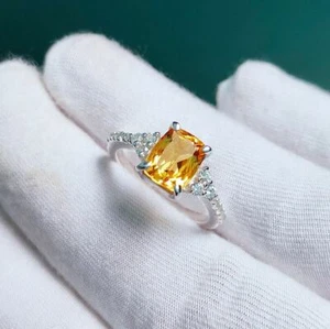 1.90 Ct Natural Citrine & Lab Grown CVD American Diamond Prong Ring 925 Silver - Picture 1 of 7