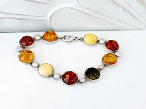 Link Bracelet STERLING SILVER 925 Butterscotch Baltic Amber Layer Stackable - Picture 1 of 21