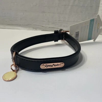 Zippy Paws: Legacy Collection-Black Leather Dog Collar with Rose Gold Med 12-16” - Image 1 of 4