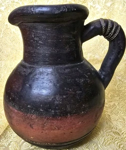Thick Clay Pitcher Jug Matte Black Red Rustic Primitive Artist Made Unusual - Picture 1 of 12