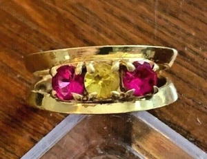 Vintage 14k Yellow Gold Modern 3 Stone Ring Citrine Pink Tourmaline Sz 5.25-5.50 - Picture 1 of 12