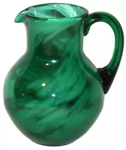 Vintage Blown Glass Pitcher Dark Green & White Splatter Glass 6" - Picture 1 of 6