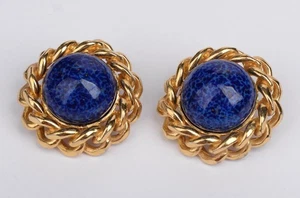 Vintage CINER Clip-On Earrings – Gold-Tone Rope Design with Blue Art Glass - Picture 1 of 7