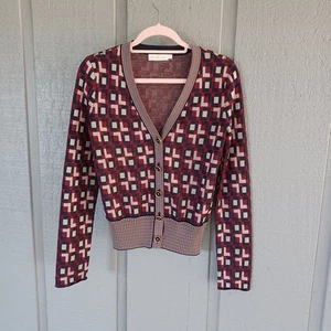 Tory Burch Logo Jacquard Cardigan Size S Women Preppy In Light Royal Burgandy - Picture 1 of 15