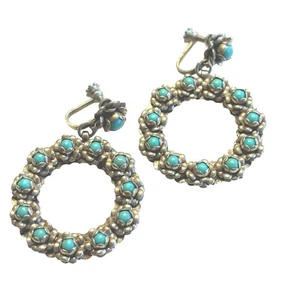 Vintage Screwback earrings silver signed Mexico southwestern blue stones floral - Picture 1 of 7