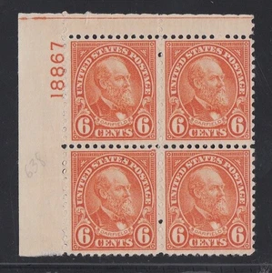 USA 1927 MNH 6c JAMES A GARFIELD PLATE BLOCK OF 4 - Picture 1 of 1