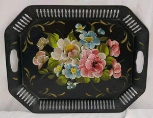 Vintage Tole Reticulated 18" Metal Black Tray With Handles Hand Painted Roses - Picture 1 of 5