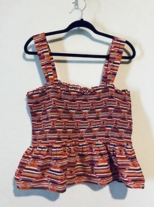 Top LOFT donna XL Ikat smocked peplum cami collo quadrato bacio prugna rosso boho - Foto 1 di 8