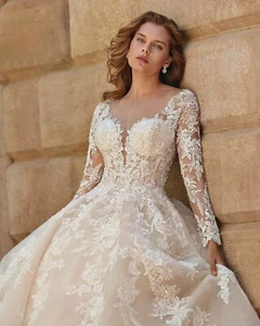 Ball Gown Wedding Dresses V Neck Flower Applique Long Sleeve Sweep Train Layered - Picture 1 of 11