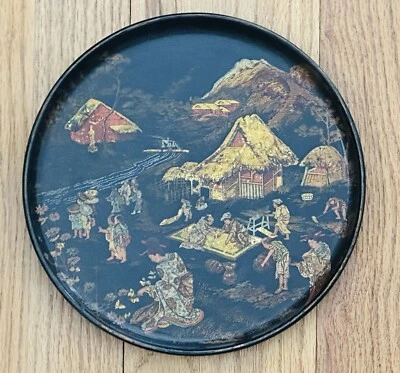 PLACA LACADA PAPEL MACHÉ CHINO CIRCA 1850 PINTADA A MANO Arte China Negro De Colección Foto 1 de 4
