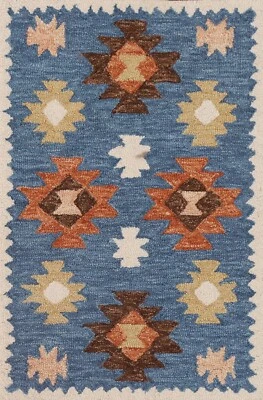 Geometric Blue Hand-tufted Indian Wool Area Rug Runner Rug Matching Room Size  - Image 1 of 4