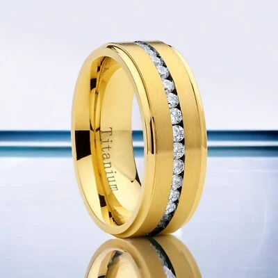 Men Gold Titanium 8mm Eternity Wedding Band Ring with Cubic Zirconia CZ - Image 1 of 4