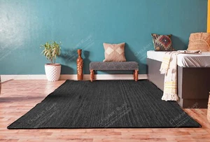 Indian Hand Braided Black Jute Rug, Rugs For Kitchen Area, Rectangle Shape Rug, - Picture 1 of 9