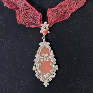 Signed NM Pendant Necklace Sterling 925 Amber Marcasite Red Lace Choker Regency - Picture 1 of 20