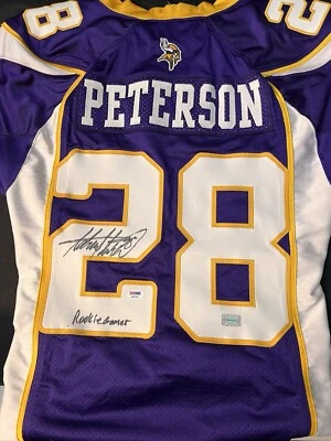 Camiseta deportiva 2007 novato Adrian Peterson Vikings emitida por el juego con inscripción automática rara 🔥 Foto 1 de 4