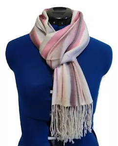 Cashmere and Merino wool scarf. Pink, brown, grey, cream and black stripes. - Picture 1 of 3