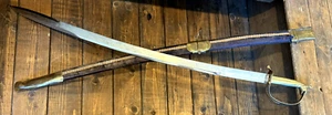 VINTAGE SWORD WITH BRASS HORSE HANDLE  34 1/2" LONG W/ SHEATH MADE IN INDIA (4A) - Picture 1 of 10