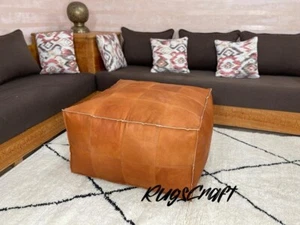 Moroccan Leather Ottoman Pouffe Footstool Brown Pouf Boho Genuine Unstuffed New - Picture 1 of 7