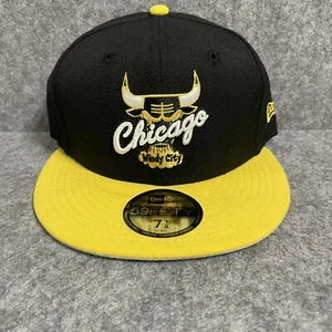 New Era Chicago Bulls New Era 59Fifty Black Yellow Fitted Hat Cap Size 7 1/8 - Picture 1 of 6