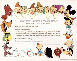 US-Finanzministerium - Disney-Zertifikat um 1940 zum Kauf von Kriegsanleihen - Bild 1 von 1