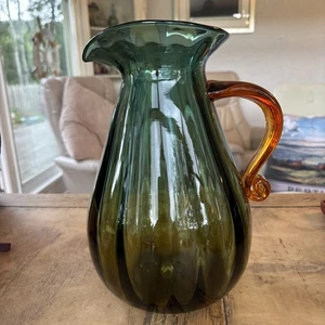 Blenko Art Glass Pitcher Amber Blue Green 2004 Form 938 - 10inch Large - Picture 1 of 8