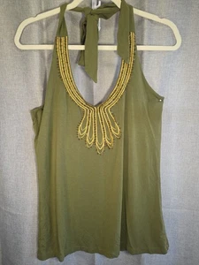 Apostrophe Gold trimmed Neck Strap Top/Halter Hunter Green Women's Sz L - Picture 1 of 5