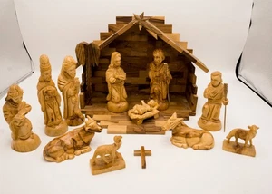 Vintage 13 Piece Nativity Set Hand Carved Olive Wood with Creche Holy Family - Picture 1 of 24