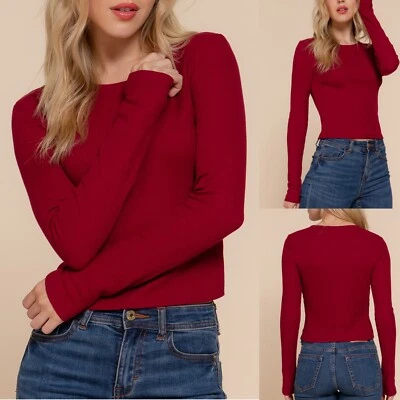 Womens Long Sleeve Thermal Crop Top Waffle Knit Layering T-Shirt Fitted - Image 1 of 2