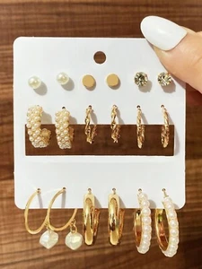 UK Women Ladies 9Pairs Fashion Jewelry Pearl Gold Hoop Earstud Earrings Set - Picture 1 of 6