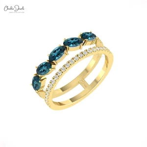 Genuine 1 Ct London Blue Topaz 14k Real Gold & Diamond Split Shank Ring For Her - Picture 1 of 26