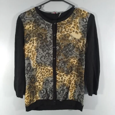 NUEVO CON ETIQUETAS Camisa Cyrus Negra Leoparda Encaje Abotonada Manga 3/4 Talla Pequeña Foto 1 de 4
