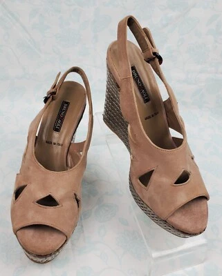 Bruno Magli Taupe Suede Leather Ankle Strap Wedge Sandals Shoes Women's Size 40 - Image 1 of 4