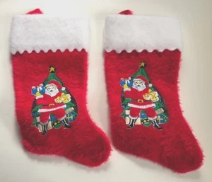 Vintage 2 red fuzzy fur vinyl Santa decal appliqué CHRISTMAS STOCKINGS holiday  - Picture 1 of 4