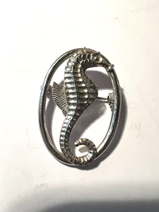 Vintage Silver Tone 1.5” Seahorse Oval Pin - Picture 1 of 5