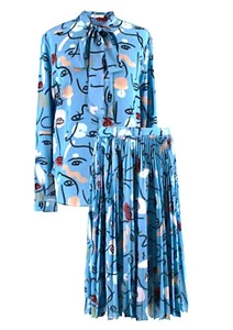 PORTS 1961 sz L Blue Silhouette Print Pussy-Bow Blouse and Pleated Skirt Set - Picture 1 of 6