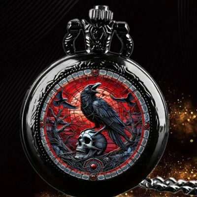 Vintage-Style Clever Crow Pocket Watch - Quartz Round Dial, Black Necklace Gift Foto 1 de 4