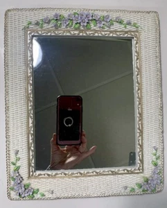 VTG Dezine White 9x11”Framed Mirror With Handpainted Purple Flowers Cottage - Picture 1 of 10
