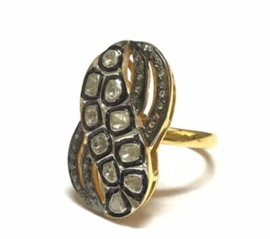 Polki Diamond Cocktail Ring, 925 Silver Slice Diamond Gold Vermal Victorian Ring - Picture 1 of 6