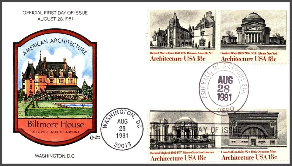 Scott 1928 - 31 18 Cents American Architecture Collins Hand Painted FDC - Image 1 of 1