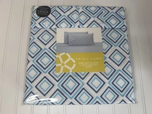 Set lenzuola Trina Turk 6 pezzi Sonia Queen blu bianco design geometrico NUOVO - Foto 1 di 2