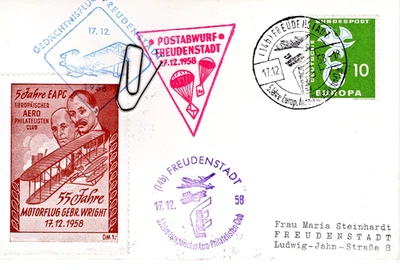 Karte Flugpost Postabwurf 1958 Bundespost Freudenstadt Flugzeug Ballonflug - Bild 1 von 2