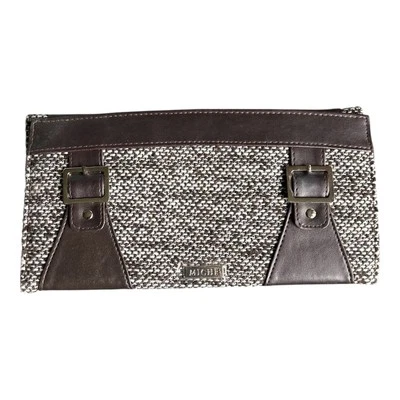 Bolsa clássica MICHE concha “Roxanne” marrom tweed fivelas de couro sintético aposentada nova sem etiquetas - Imagem 1 de 4