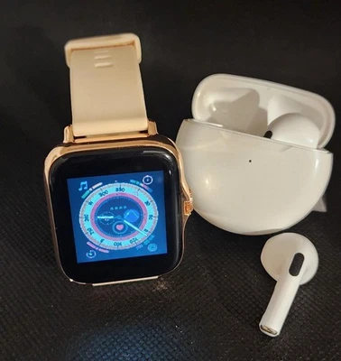 Smartwatch elegante dourado com fones de ouvido brancos (OBO) - Imagem 1 de 4