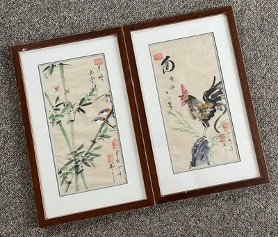 Master Dong Huynh Vietnamese Calligraphy Watercolor Birds & Rooster Paintings - Image 1 of 4