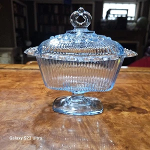 Vintage Indiana Glass Aqua Blue Oblong Lace Edge Pedestal Candy Dish With Lid - Picture 1 of 17