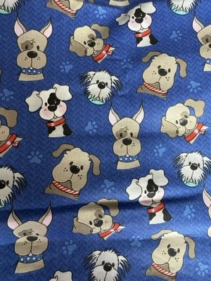 Tossed Dogs On Blue Cotton Fabric Dog Lovers With Paw Prints 15”x44” - Image 1 of 2