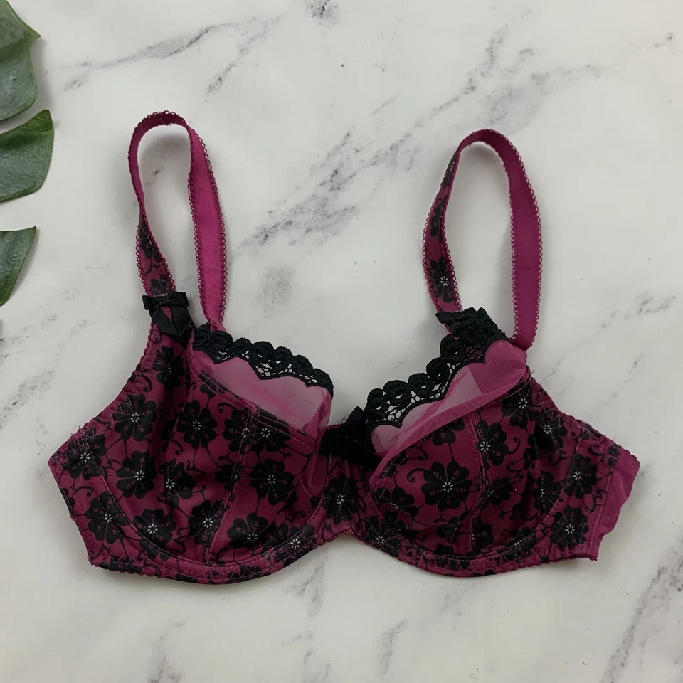 Sujetador Curvy Kate Balconette Talla 30 E Púrpura Negro Ribete de Encaje Con Aros Sin Forro Foto 1 de 4